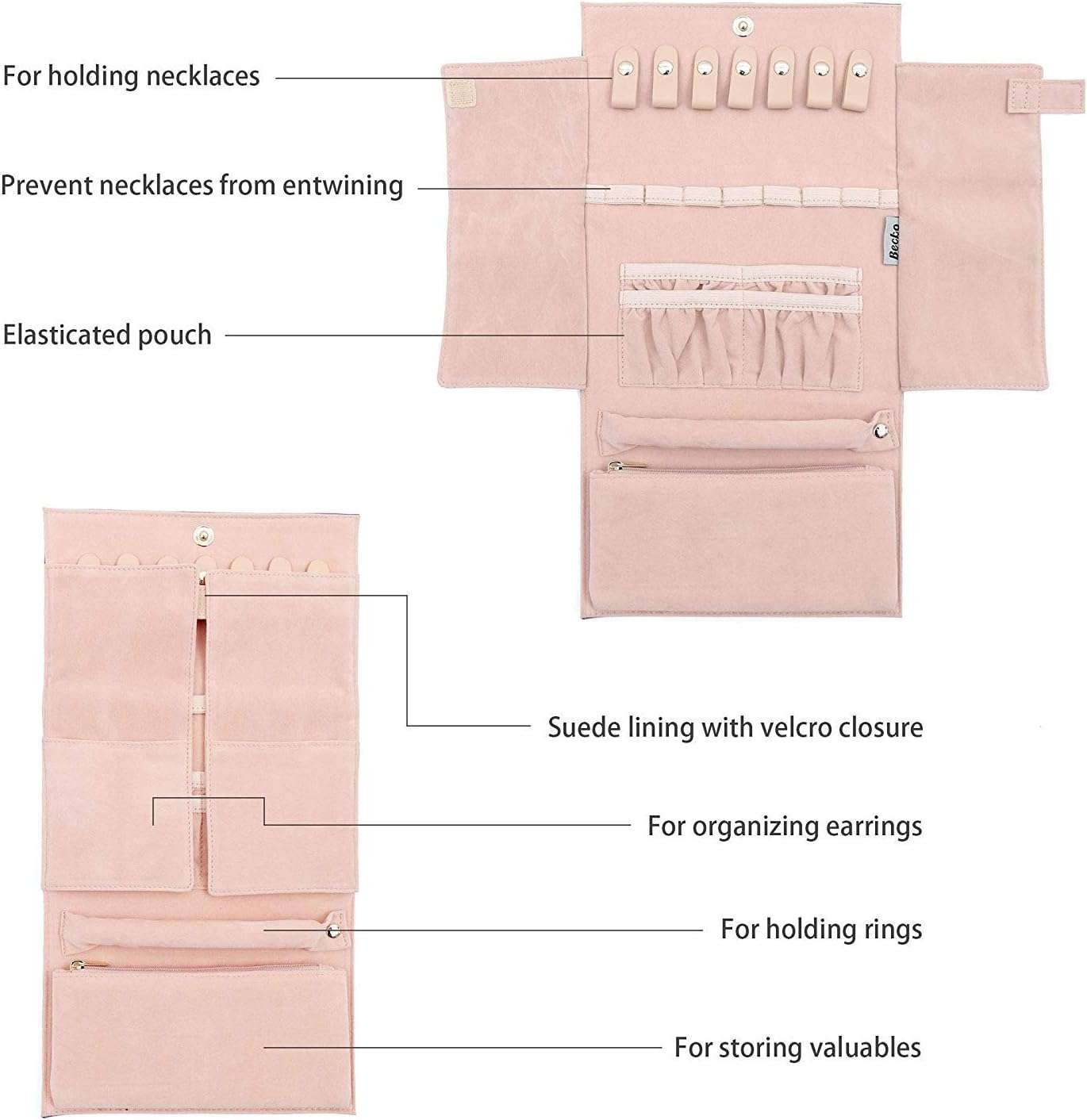 Becko Jewelry Organizer Roll Travel Jewel Bag case for Multiple Necklaces, Rings, Bracelets, Supple Leather & Suede, Large Capacity Without Crease - 3