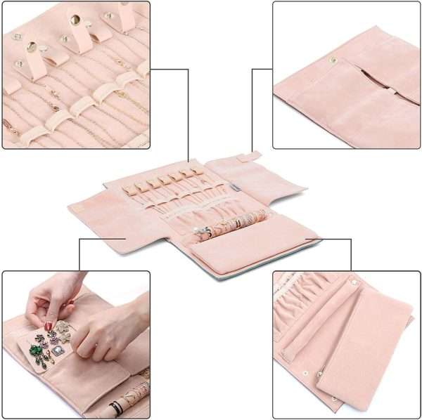 Becko Jewelry Organizer Roll Travel Jewel Bag case for Multiple Necklaces, Rings, Bracelets, Supple Leather & Suede, Large Capacity Without Crease - 4