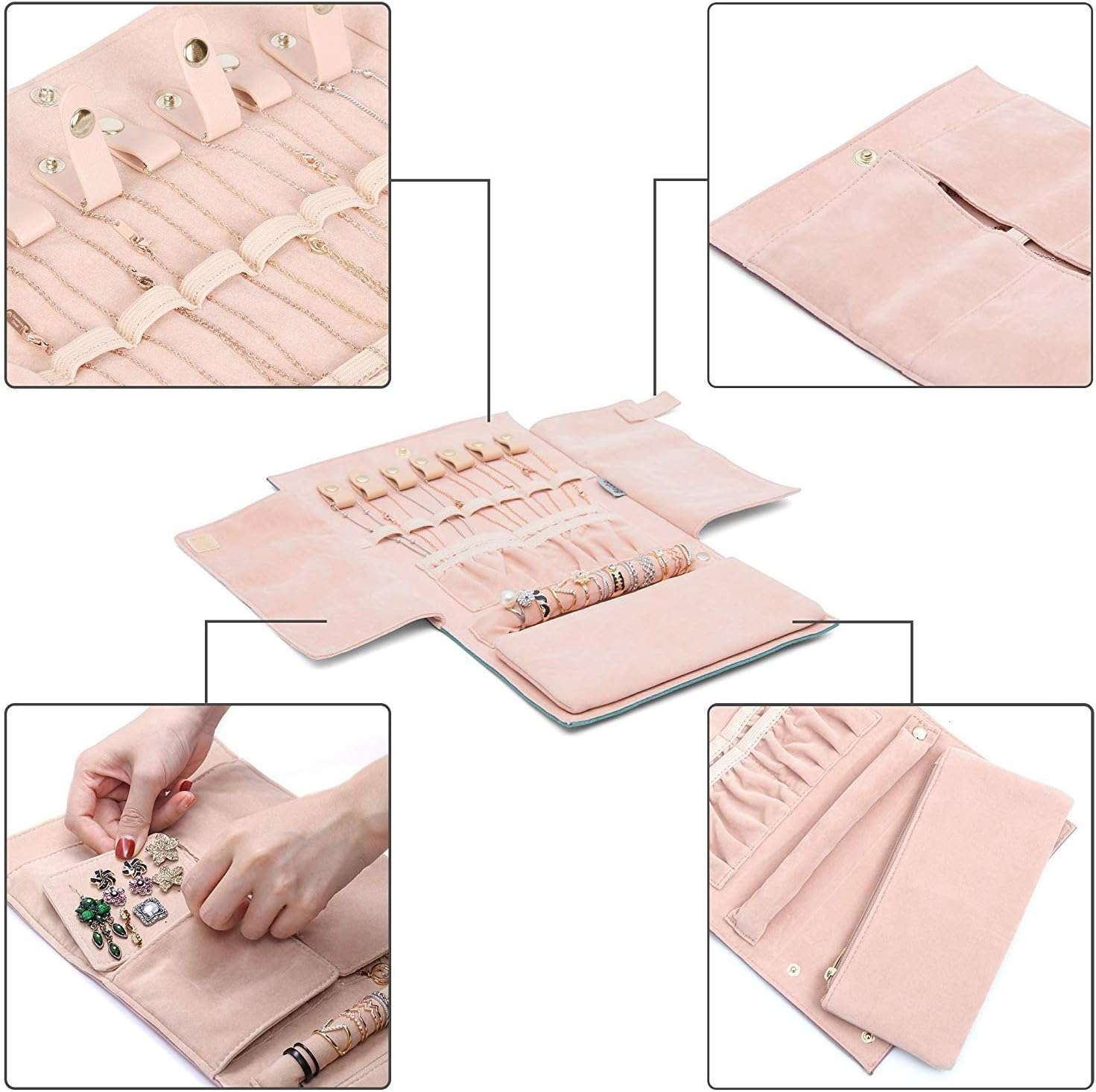 Becko Jewelry Organizer Roll Travel Jewel Bag case for Multiple Necklaces, Rings, Bracelets, Supple Leather & Suede, Large Capacity Without Crease - 4