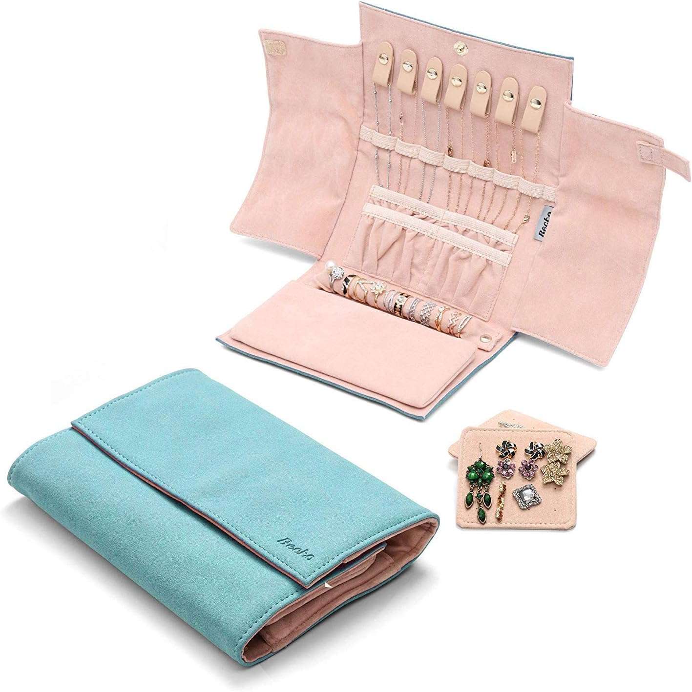 Becko Jewelry Organizer Roll Travel Jewel Bag case for Multiple Necklaces, Rings, Bracelets, Supple Leather & Suede, Large Capacity Without Crease - 5