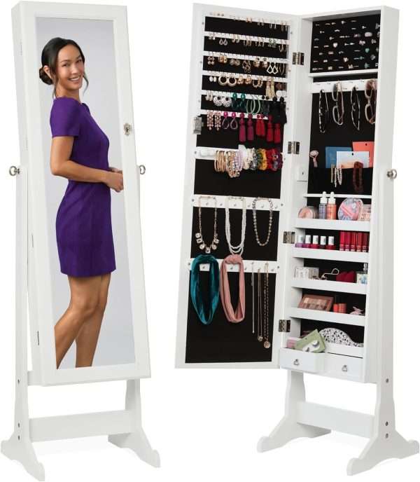 Best Choice Products Freestanding Jewelry Armoire Cabinet, Full Length Standing Mirror, Lockable Makeup Storage Organizer, w-Velvet Lining, 3 Angles, Lock - 1