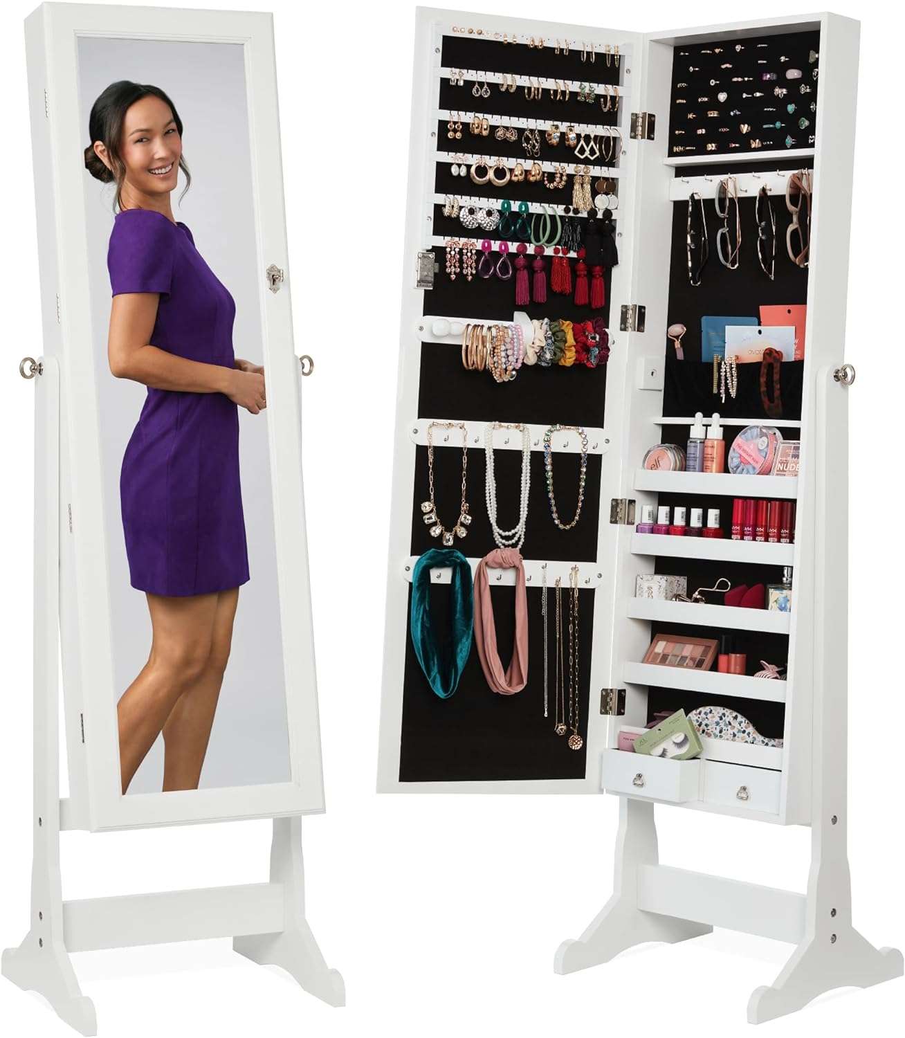 Best Choice Products Freestanding Jewelry Armoire Cabinet, Full Length Standing Mirror, Lockable Makeup Storage Organizer, w-Velvet Lining, 3 Angles, Lock - 1