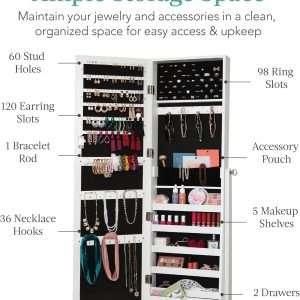 Best Choice Products Freestanding Jewelry Armoire Cabinet, Full Length Standing Mirror, Lockable Makeup Storage Organizer, w-Velvet Lining, 3 Angles, Lock - 2