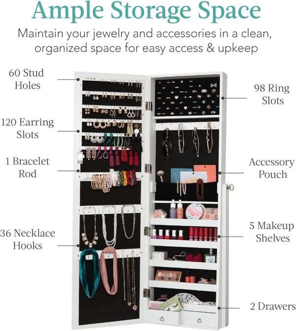 Best Choice Products Freestanding Jewelry Armoire Cabinet, Full Length Standing Mirror, Lockable Makeup Storage Organizer, w-Velvet Lining, 3 Angles, Lock - 2
