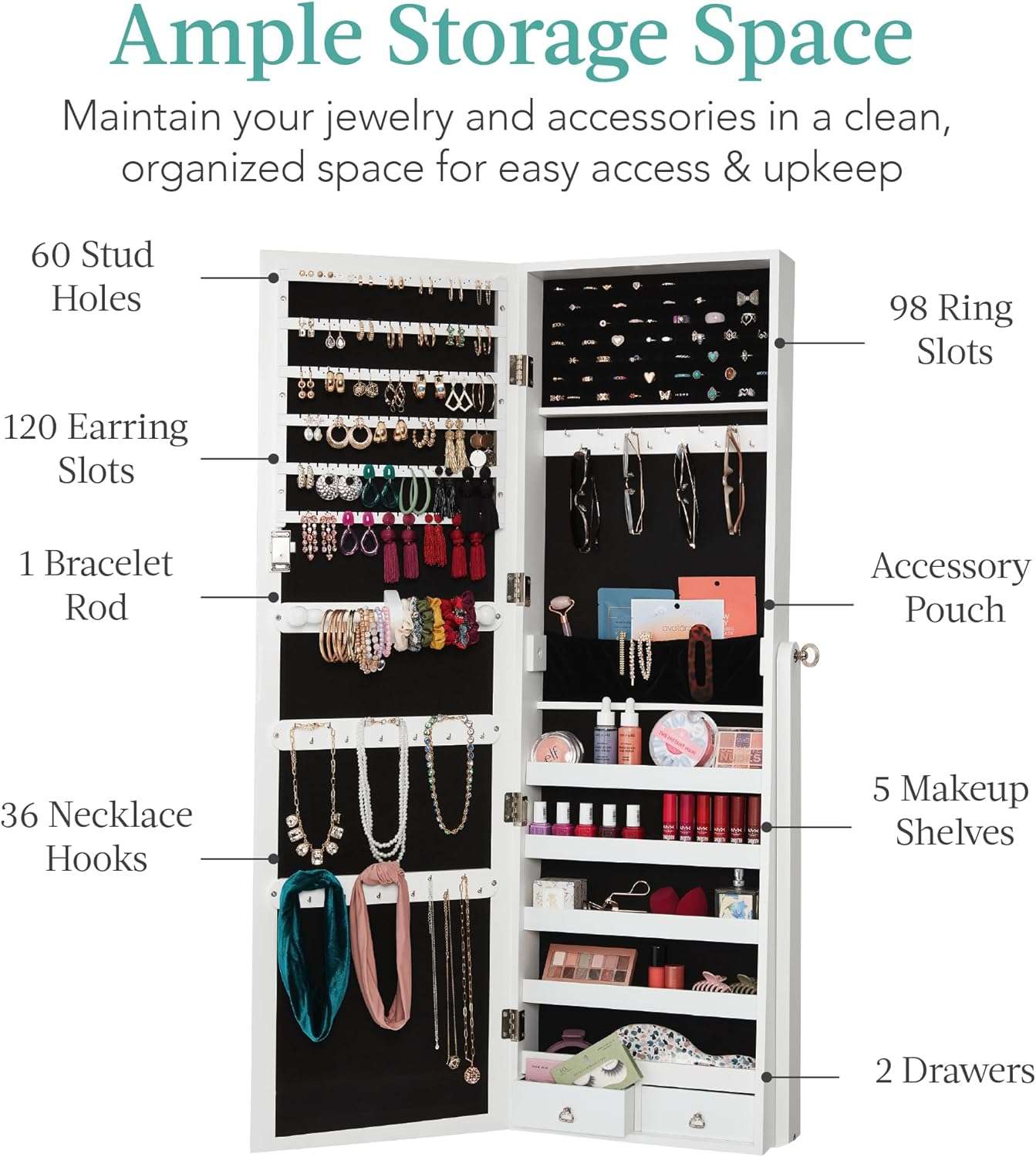Best Choice Products Freestanding Jewelry Armoire Cabinet, Full Length Standing Mirror, Lockable Makeup Storage Organizer, w-Velvet Lining, 3 Angles, Lock - 2