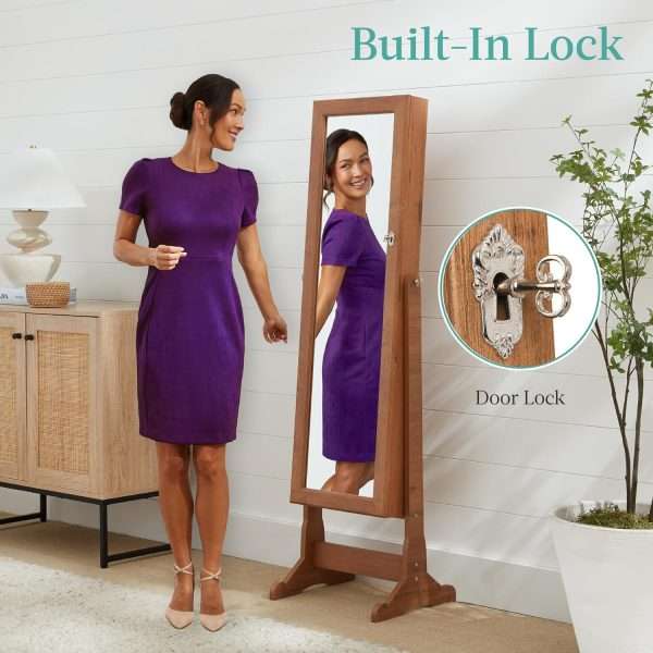 Best Choice Products Freestanding Jewelry Armoire Cabinet, Full Length Standing Mirror, Lockable Makeup Storage Organizer, w-Velvet Lining, 3 Angles, Lock - 4