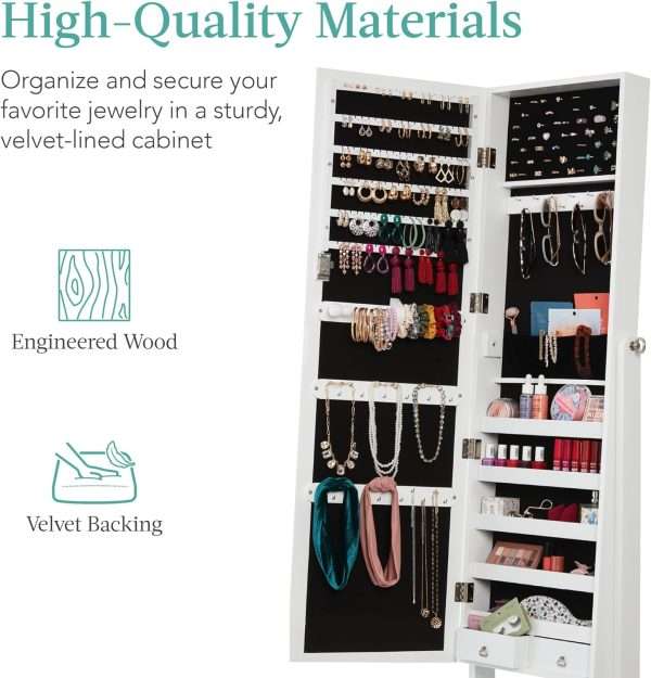Best Choice Products Freestanding Jewelry Armoire Cabinet, Full Length Standing Mirror, Lockable Makeup Storage Organizer, w-Velvet Lining, 3 Angles, Lock - 5
