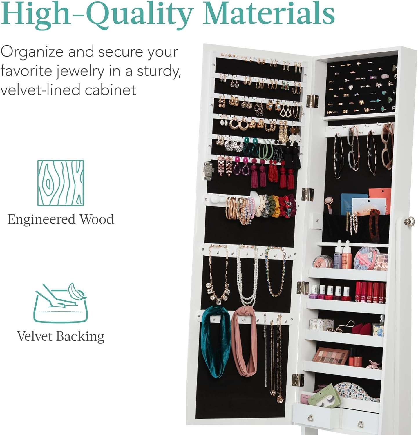 Best Choice Products Freestanding Jewelry Armoire Cabinet, Full Length Standing Mirror, Lockable Makeup Storage Organizer, w-Velvet Lining, 3 Angles, Lock - 5