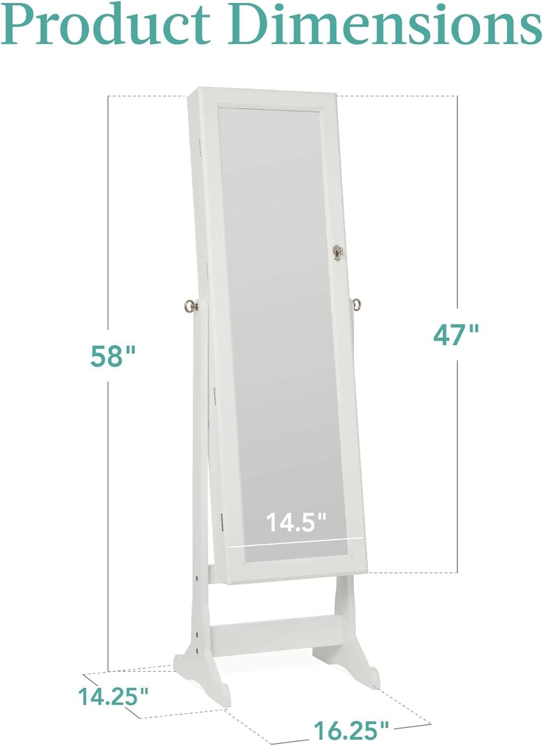 Best Choice Products Freestanding Jewelry Armoire Cabinet, Full Length Standing Mirror, Lockable Makeup Storage Organizer, w-Velvet Lining, 3 Angles, Lock - 7