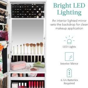 Best Choice Products LED Mirror Jewelry Cabinet, Lockable Wall or Door Mounted Jewelry Armoire Organizer with Mirror, 2 Drawers, Lock, Cosmetic Tray, Shelves, Christmas Gifts - 3
