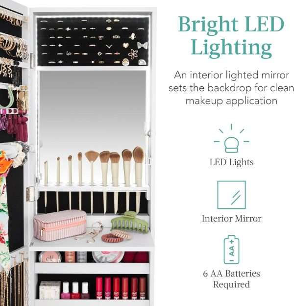 Best Choice Products LED Mirror Jewelry Cabinet, Lockable Wall or Door Mounted Jewelry Armoire Organizer with Mirror, 2 Drawers, Lock, Cosmetic Tray, Shelves, Christmas Gifts - 3