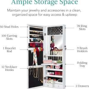 Best Choice Products LED Mirror Jewelry Cabinet, Lockable Wall or Door Mounted Jewelry Armoire Organizer with Mirror, 2 Drawers, Lock, Cosmetic Tray, Shelves, Christmas Gifts - 4