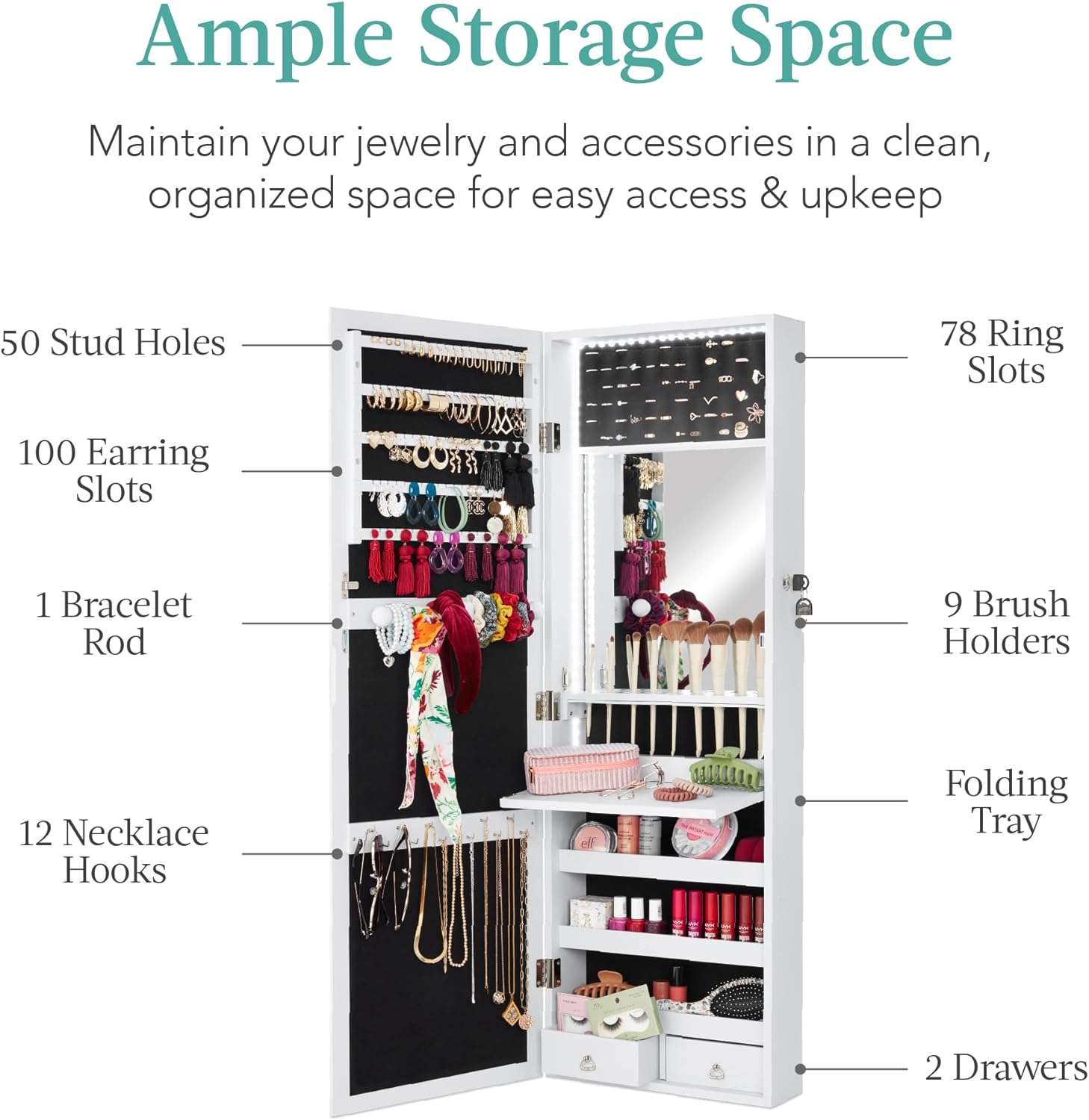 Best Choice Products LED Mirror Jewelry Cabinet, Lockable Wall or Door Mounted Jewelry Armoire Organizer with Mirror, 2 Drawers, Lock, Cosmetic Tray, Shelves, Christmas Gifts - 4
