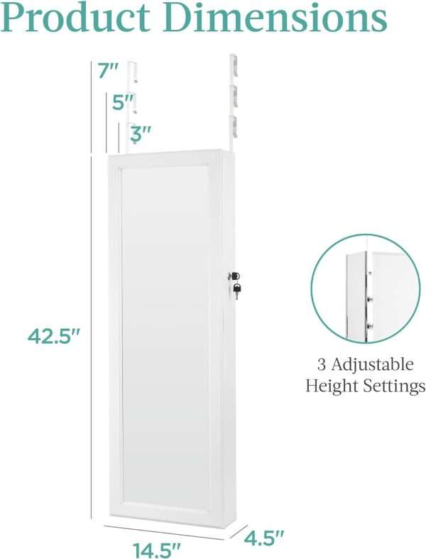 Best Choice Products LED Mirror Jewelry Cabinet, Lockable Wall or Door Mounted Jewelry Armoire Organizer with Mirror, 2 Drawers, Lock, Cosmetic Tray, Shelves, Christmas Gifts - 7