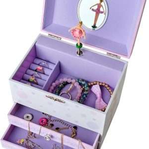 Jewelkeeper Kids Musical Jewelry Box for Girls with Spinning Ballerina - Dual Pullout Drawers with Swan Lake Tune - Thoughtful Gift for Young Girls - White and Purple - 1