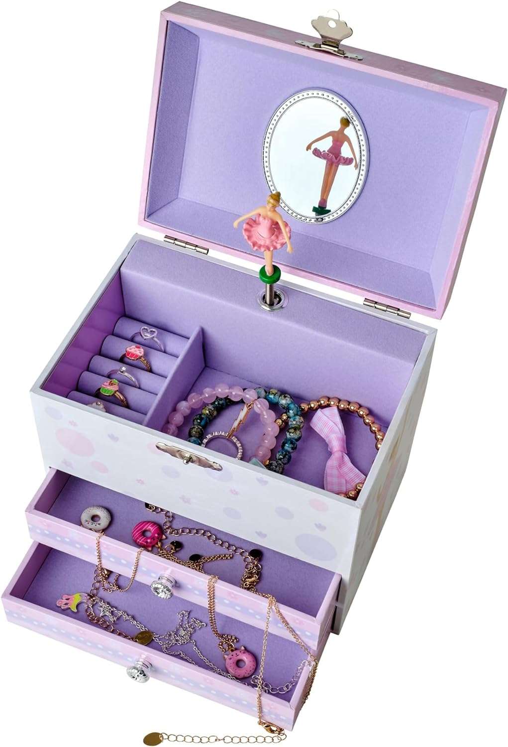 Jewelkeeper Kids Musical Jewelry Box for Girls with Spinning Ballerina - Dual Pullout Drawers with Swan Lake Tune - Thoughtful Gift for Young Girls - White and Purple - 1