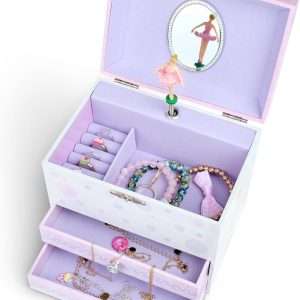 Jewelkeeper Kids Musical Jewelry Box for Girls with Spinning Ballerina - Dual Pullout Drawers with Swan Lake Tune - Thoughtful Gift for Young Girls - White and Purple - 2