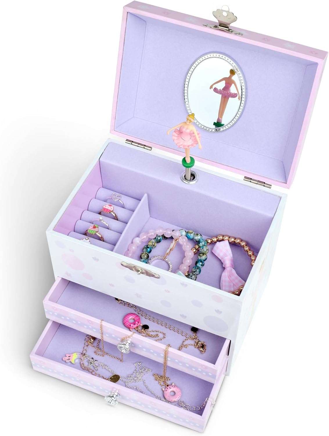 Jewelkeeper Kids Musical Jewelry Box for Girls with Spinning Ballerina - Dual Pullout Drawers with Swan Lake Tune - Thoughtful Gift for Young Girls - White and Purple - 2