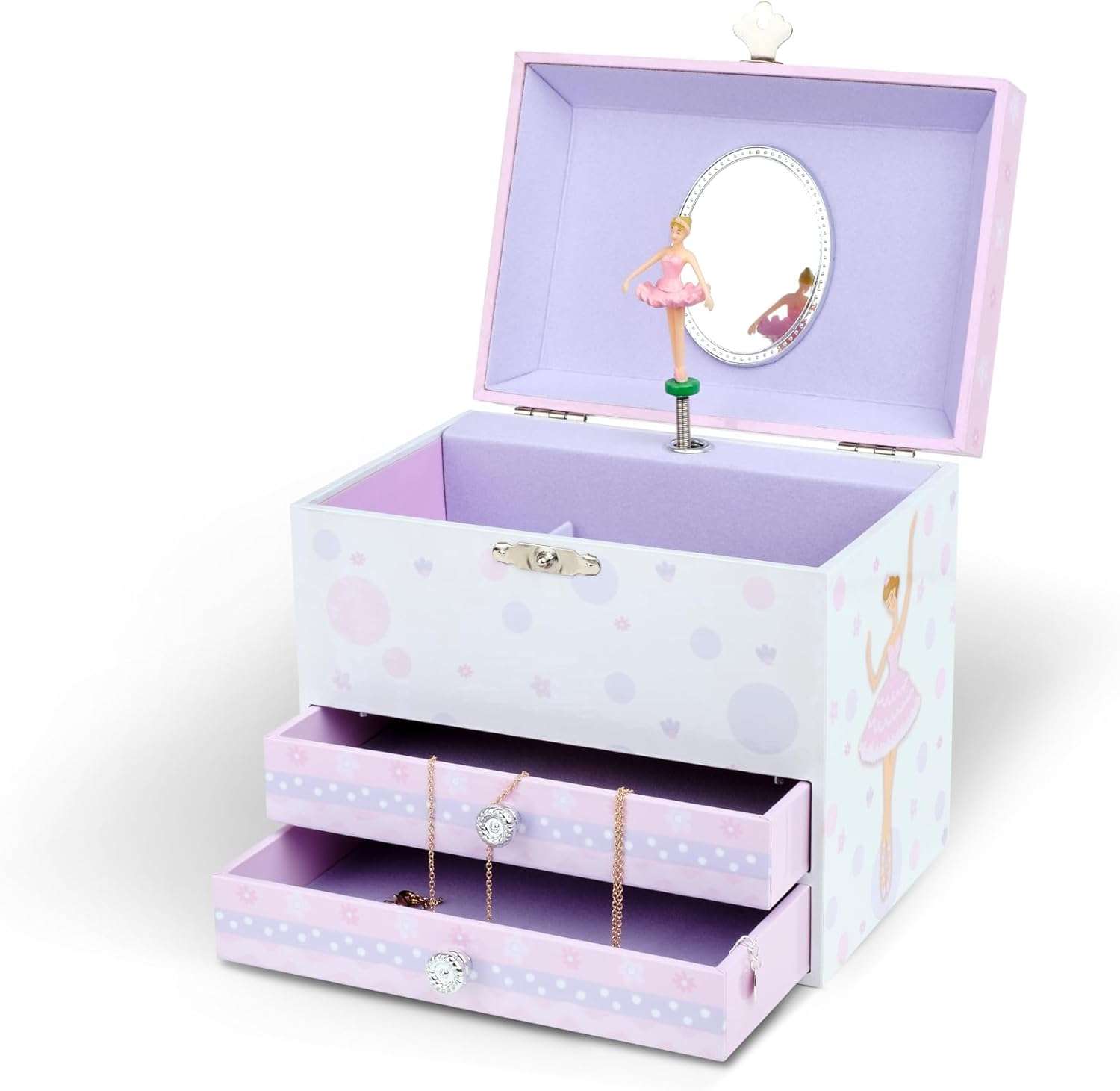 Jewelkeeper Kids Musical Jewelry Box for Girls with Spinning Ballerina - Dual Pullout Drawers with Swan Lake Tune - Thoughtful Gift for Young Girls - White and Purple - 3