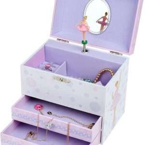 Jewelkeeper Kids Musical Jewelry Box for Girls with Spinning Ballerina - Dual Pullout Drawers with Swan Lake Tune - Thoughtful Gift for Young Girls - White and Purple - 4