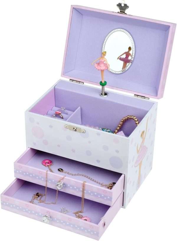 Jewelkeeper Kids Musical Jewelry Box for Girls with Spinning Ballerina - Dual Pullout Drawers with Swan Lake Tune - Thoughtful Gift for Young Girls - White and Purple - 4