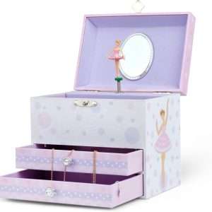 Jewelkeeper Kids Musical Jewelry Box for Girls with Spinning Ballerina - Dual Pullout Drawers with Swan Lake Tune - Thoughtful Gift for Young Girls - White and Purple - 5