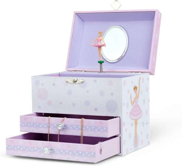 Jewelkeeper Kids Musical Jewelry Box for Girls with Spinning Ballerina - Dual Pullout Drawers with Swan Lake Tune - Thoughtful Gift for Young Girls - White and Purple - 5