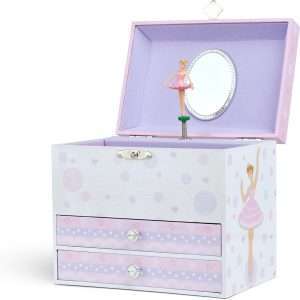Jewelkeeper Kids Musical Jewelry Box for Girls with Spinning Ballerina - Dual Pullout Drawers with Swan Lake Tune - Thoughtful Gift for Young Girls - White and Purple - 6