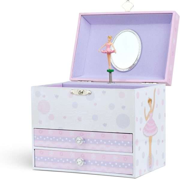 Jewelkeeper Kids Musical Jewelry Box for Girls with Spinning Ballerina - Dual Pullout Drawers with Swan Lake Tune - Thoughtful Gift for Young Girls - White and Purple - 6