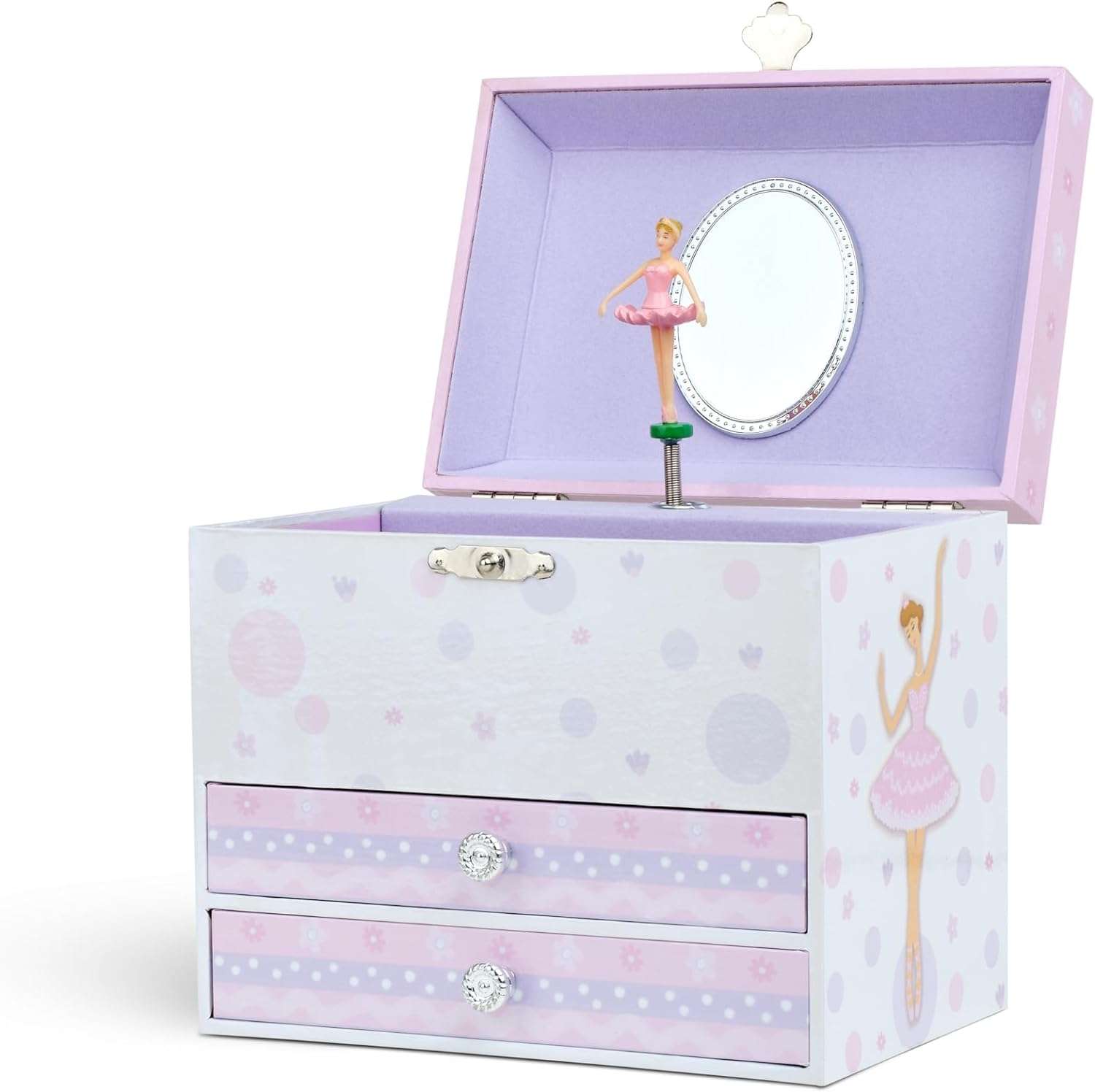 Jewelkeeper Kids Musical Jewelry Box for Girls with Spinning Ballerina - Dual Pullout Drawers with Swan Lake Tune - Thoughtful Gift for Young Girls - White and Purple - 6