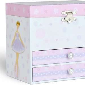Jewelkeeper Kids Musical Jewelry Box for Girls with Spinning Ballerina - Dual Pullout Drawers with Swan Lake Tune - Thoughtful Gift for Young Girls - White and Purple - 7