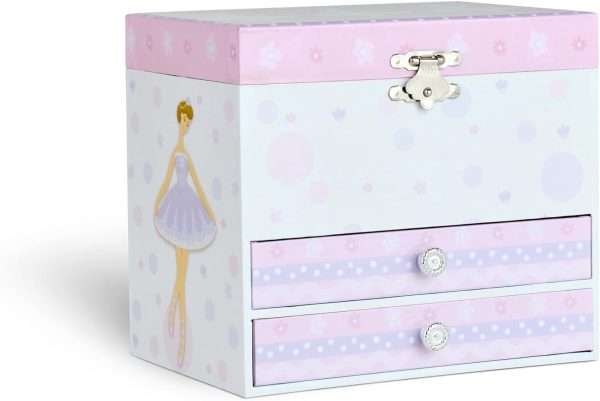 Jewelkeeper Kids Musical Jewelry Box for Girls with Spinning Ballerina - Dual Pullout Drawers with Swan Lake Tune - Thoughtful Gift for Young Girls - White and Purple - 7