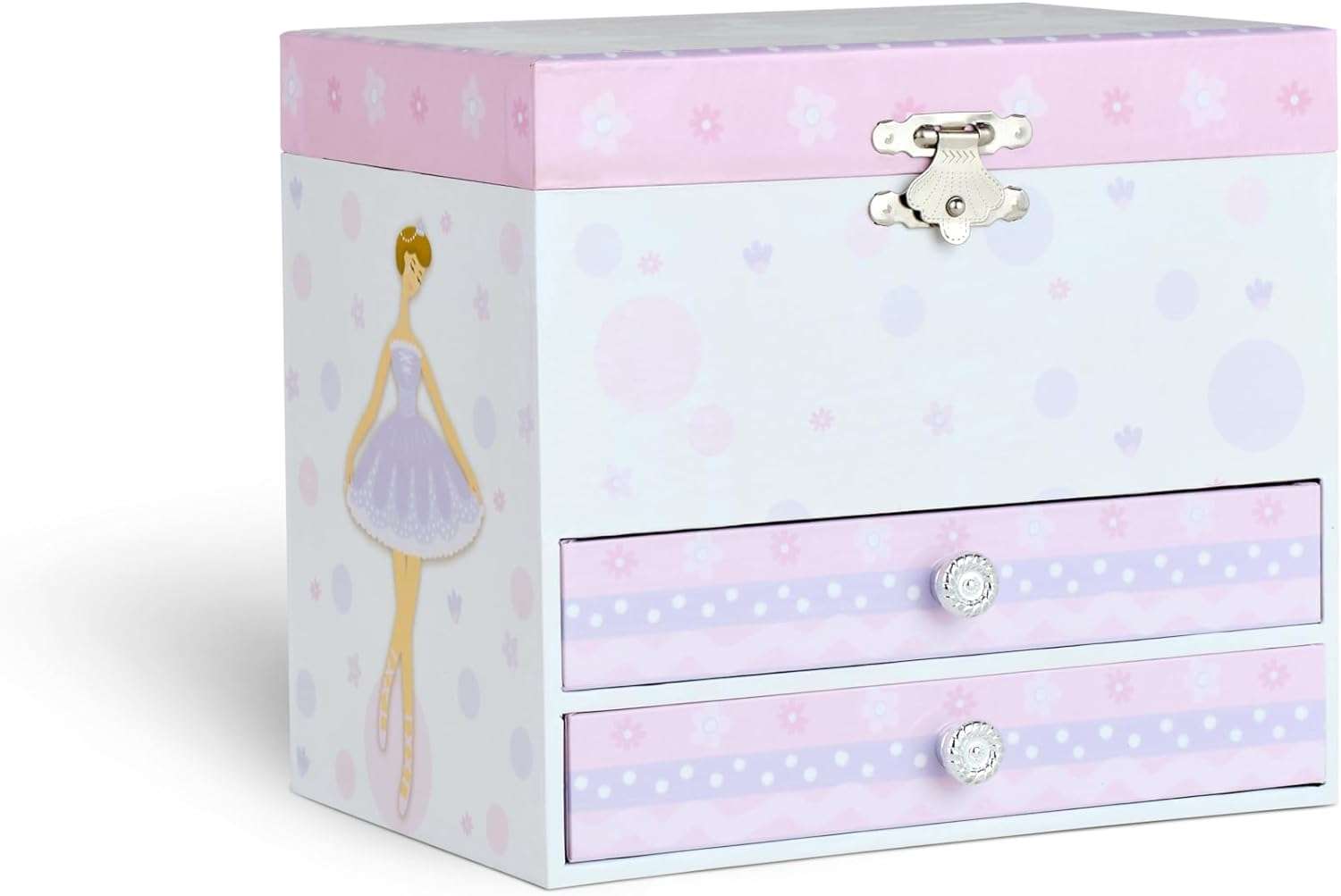 Jewelkeeper Kids Musical Jewelry Box for Girls with Spinning Ballerina - Dual Pullout Drawers with Swan Lake Tune - Thoughtful Gift for Young Girls - White and Purple - 7