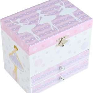 Jewelkeeper Kids Musical Jewelry Box for Girls with Spinning Ballerina - Dual Pullout Drawers with Swan Lake Tune - Thoughtful Gift for Young Girls - White and Purple - 8