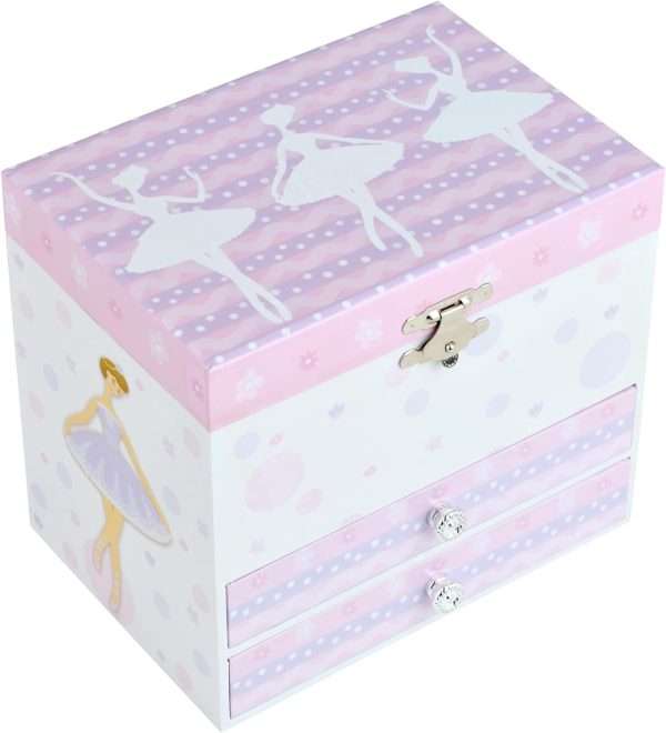 Jewelkeeper Kids Musical Jewelry Box for Girls with Spinning Ballerina - Dual Pullout Drawers with Swan Lake Tune - Thoughtful Gift for Young Girls - White and Purple - 8