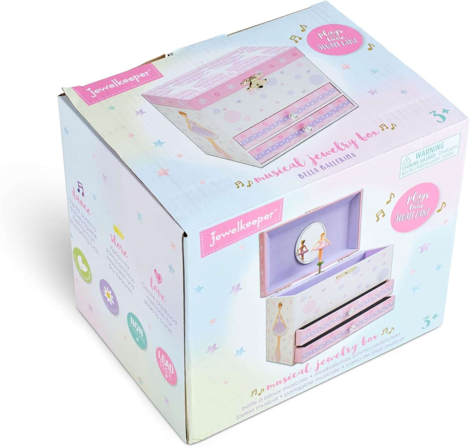 Jewelkeeper Kids Musical Jewelry Box for Girls with Spinning Ballerina - Dual Pullout Drawers with Swan Lake Tune - Thoughtful Gift for Young Girls - White and Purple - 9