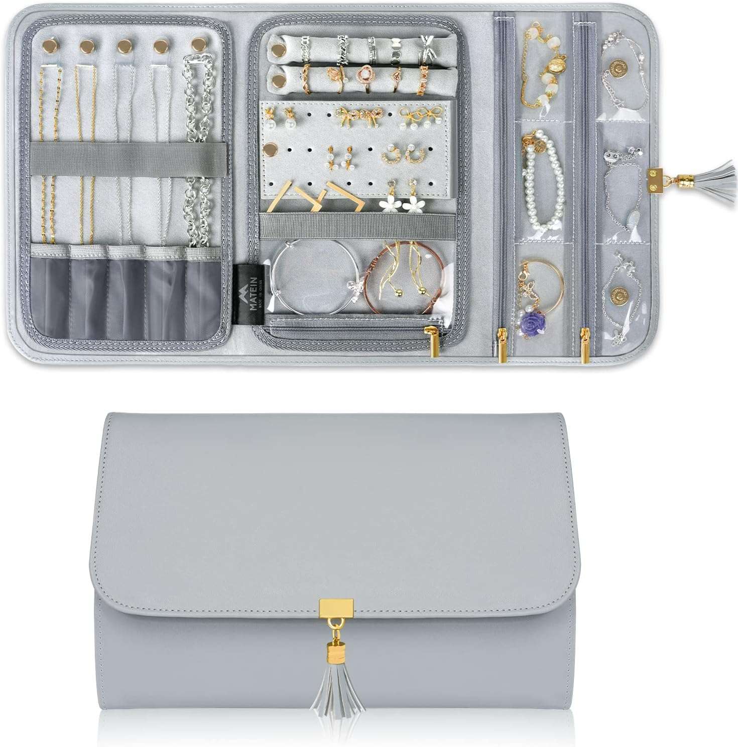 MATEIN Jewelry Travel Organizer for Women, Tangle Free Portable Leather Jewelry Storage Roll Bag Envelope Clutch, Waterproof Lightweight Jewelry Case Holder - 1
