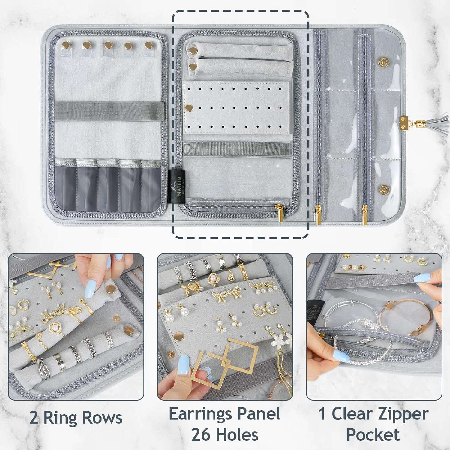 MATEIN Jewelry Travel Organizer for Women, Tangle Free Portable Leather Jewelry Storage Roll Bag Envelope Clutch, Waterproof Lightweight Jewelry Case Holder - 4
