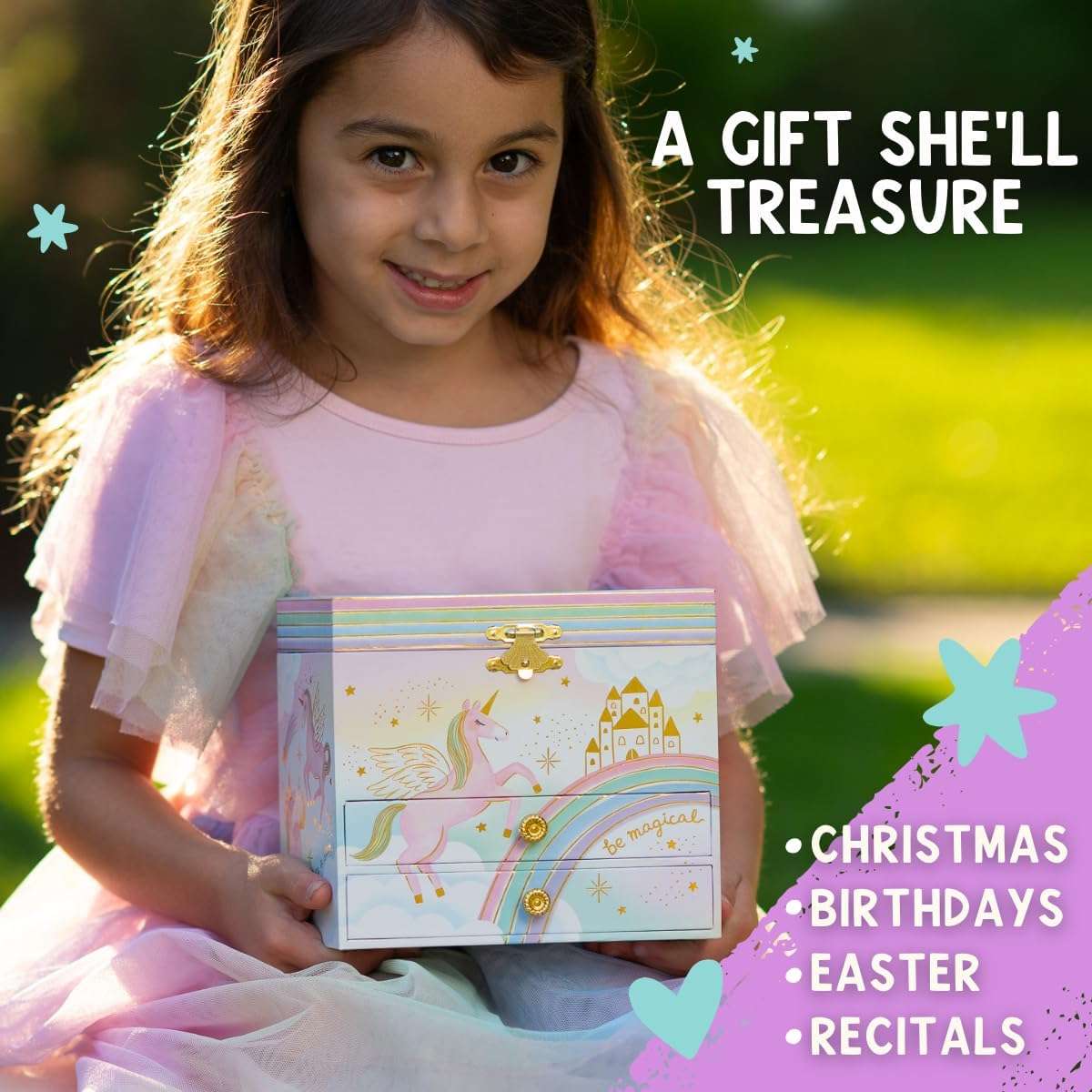 Musical Unicorn Jewelry Box for Girls - Kids Music Box with Spinning Unicorn, Unicorn Birthday Gifts for Little Girls, Jewelry Boxes, 6.8 x 5.3 x 6 in - Ages 3-10 - 4