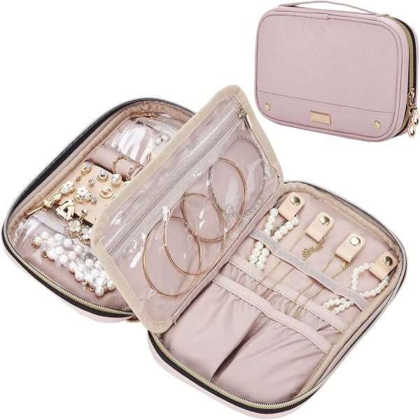 NISHEL Travel Jewelry Case, Travel Organizer for Necklaces, Earrings, Rings, Bracelets, Watch, Pink - 1