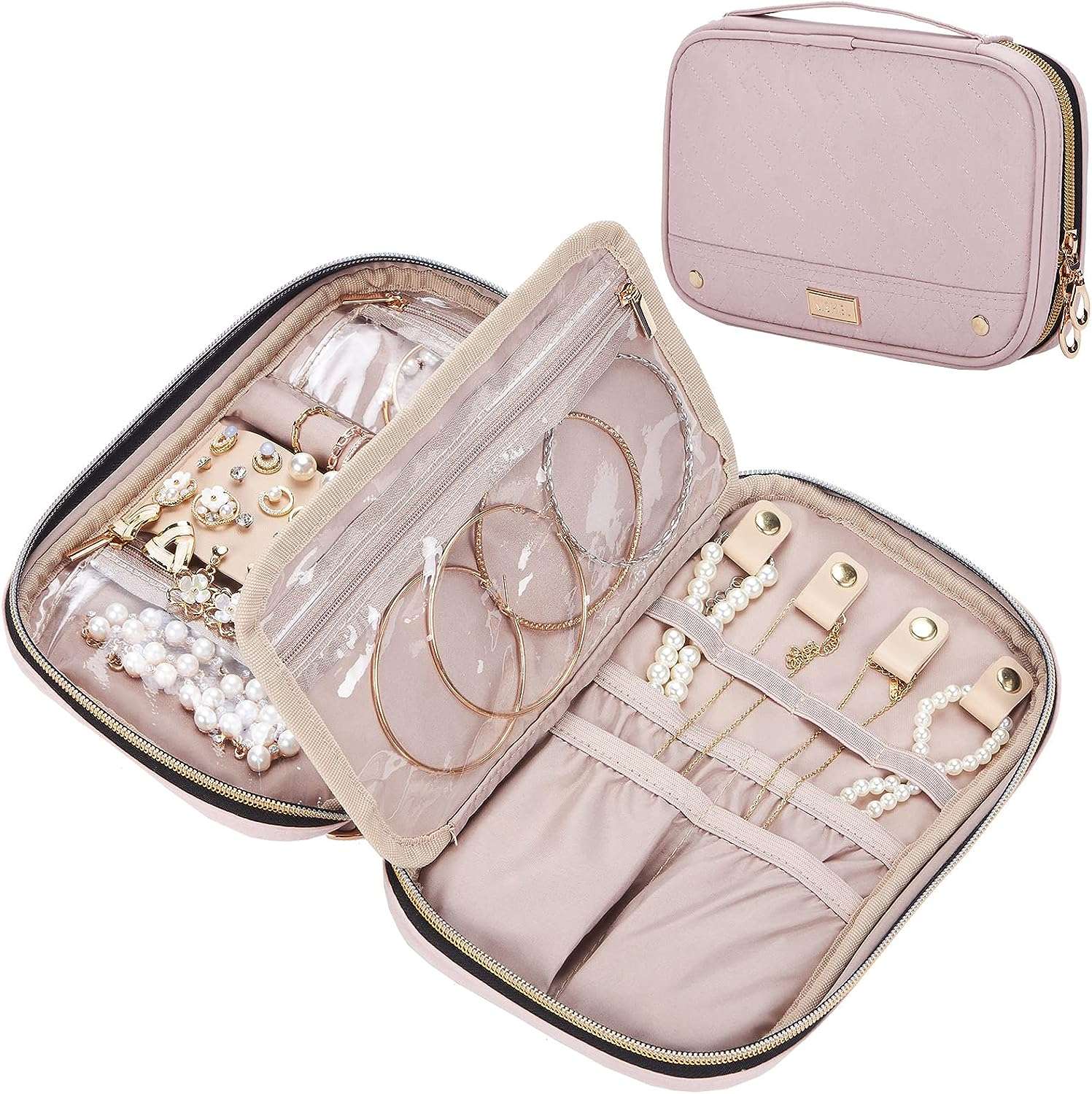 NISHEL Travel Jewelry Case, Travel Organizer for Necklaces, Earrings, Rings, Bracelets, Watch, Pink - 1
