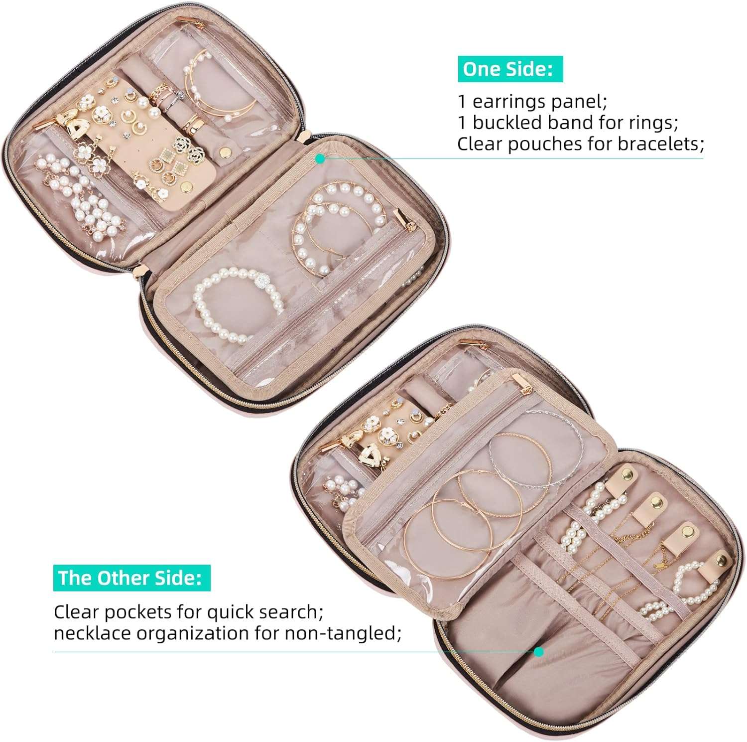 NISHEL Travel Jewelry Case, Travel Organizer for Necklaces, Earrings, Rings, Bracelets, Watch, Pink - 3