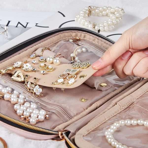 NISHEL Travel Jewelry Case, Travel Organizer for Necklaces, Earrings, Rings, Bracelets, Watch, Pink - 6