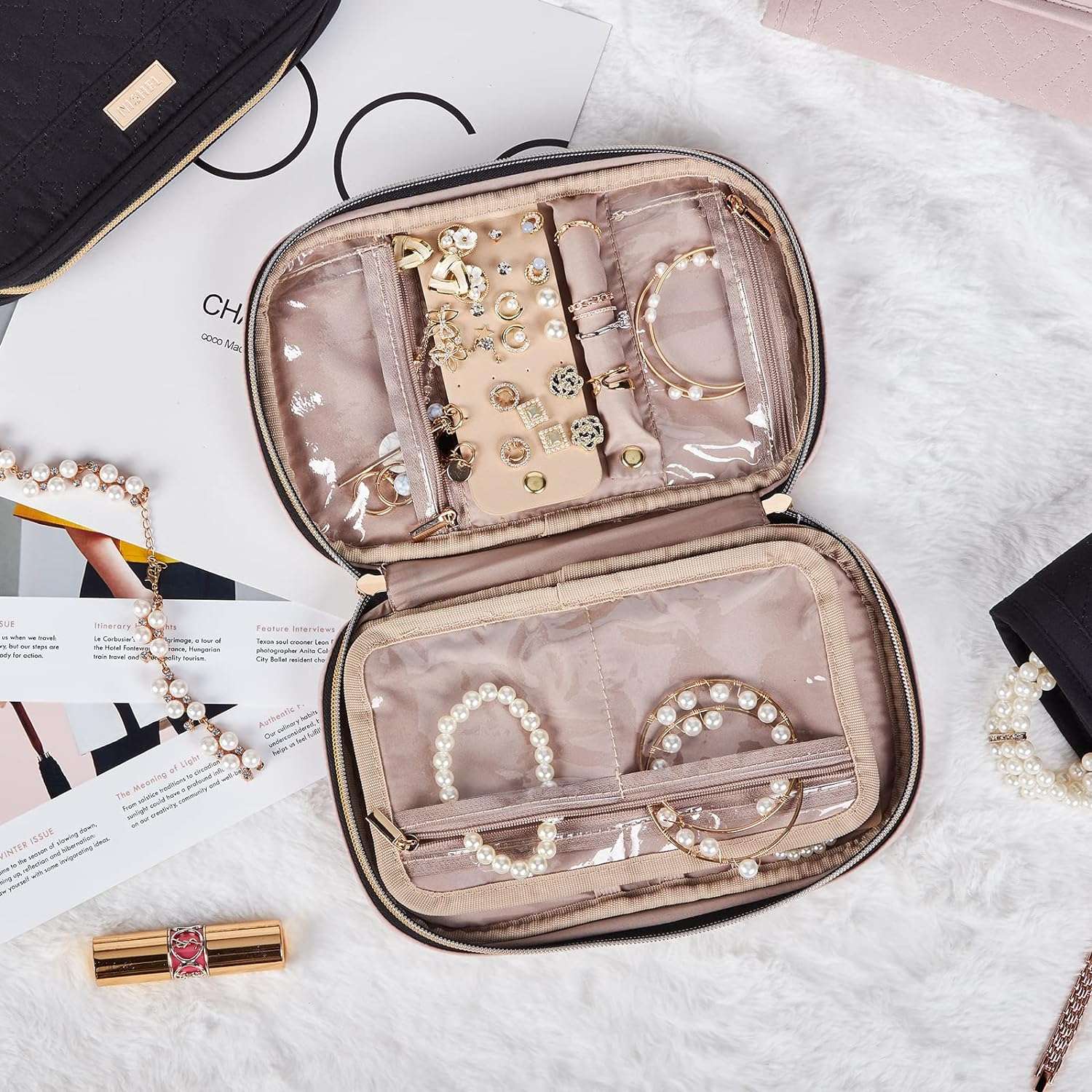 NISHEL Travel Jewelry Case, Travel Organizer for Necklaces, Earrings, Rings, Bracelets, Watch, Pink - 7