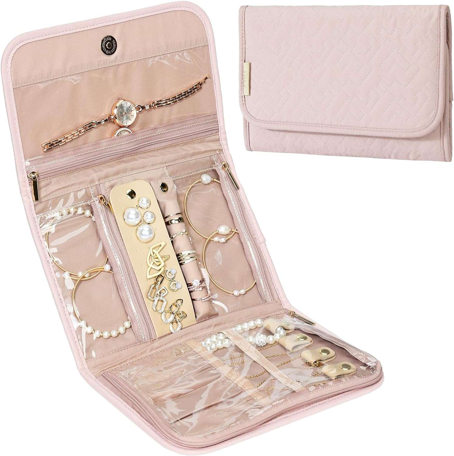 NISHEL Travel Jewelry Organizer Roll, Transparent Foldable Case for Necklaces, Earrings, Rings, Bracelets, Watch, Pink - 1