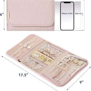 NISHEL Travel Jewelry Organizer Roll, Transparent Foldable Case for Necklaces, Earrings, Rings, Bracelets, Watch, Pink - 2