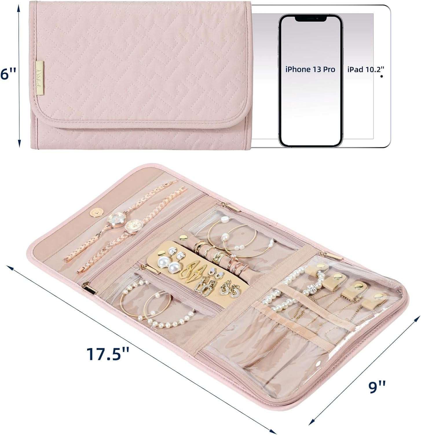 NISHEL Travel Jewelry Organizer Roll, Transparent Foldable Case for Necklaces, Earrings, Rings, Bracelets, Watch, Pink - 2