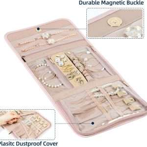 NISHEL Travel Jewelry Organizer Roll, Transparent Foldable Case for Necklaces, Earrings, Rings, Bracelets, Watch, Pink - 3