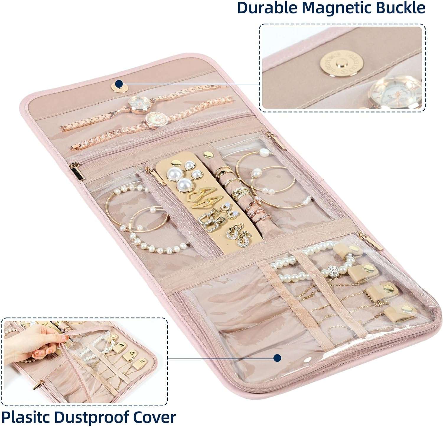 NISHEL Travel Jewelry Organizer Roll, Transparent Foldable Case for Necklaces, Earrings, Rings, Bracelets, Watch, Pink - 3