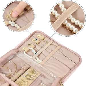 NISHEL Travel Jewelry Organizer Roll, Transparent Foldable Case for Necklaces, Earrings, Rings, Bracelets, Watch, Pink - 4